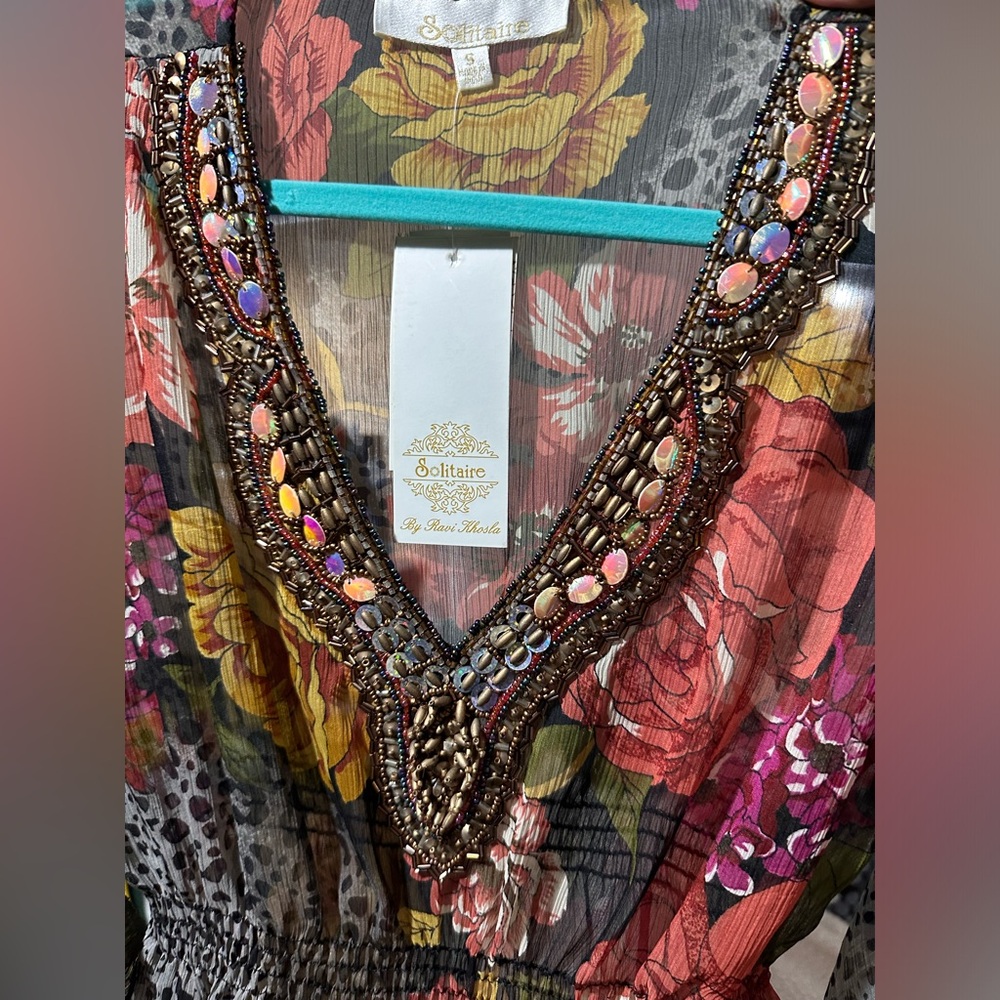 Vintage Solitaire Beaded Floral Sheer Blouse Top Animal Print Butterfly Sleeves - Picture 11 of 12